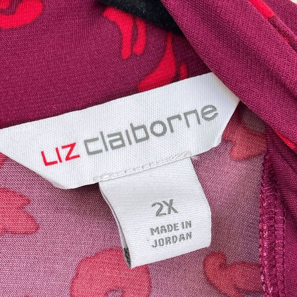 Liz Claiborne Womens Plus 2X Red Purple Floral Long Sleeve Top Gold Ring Accent - Picture 4 of 10